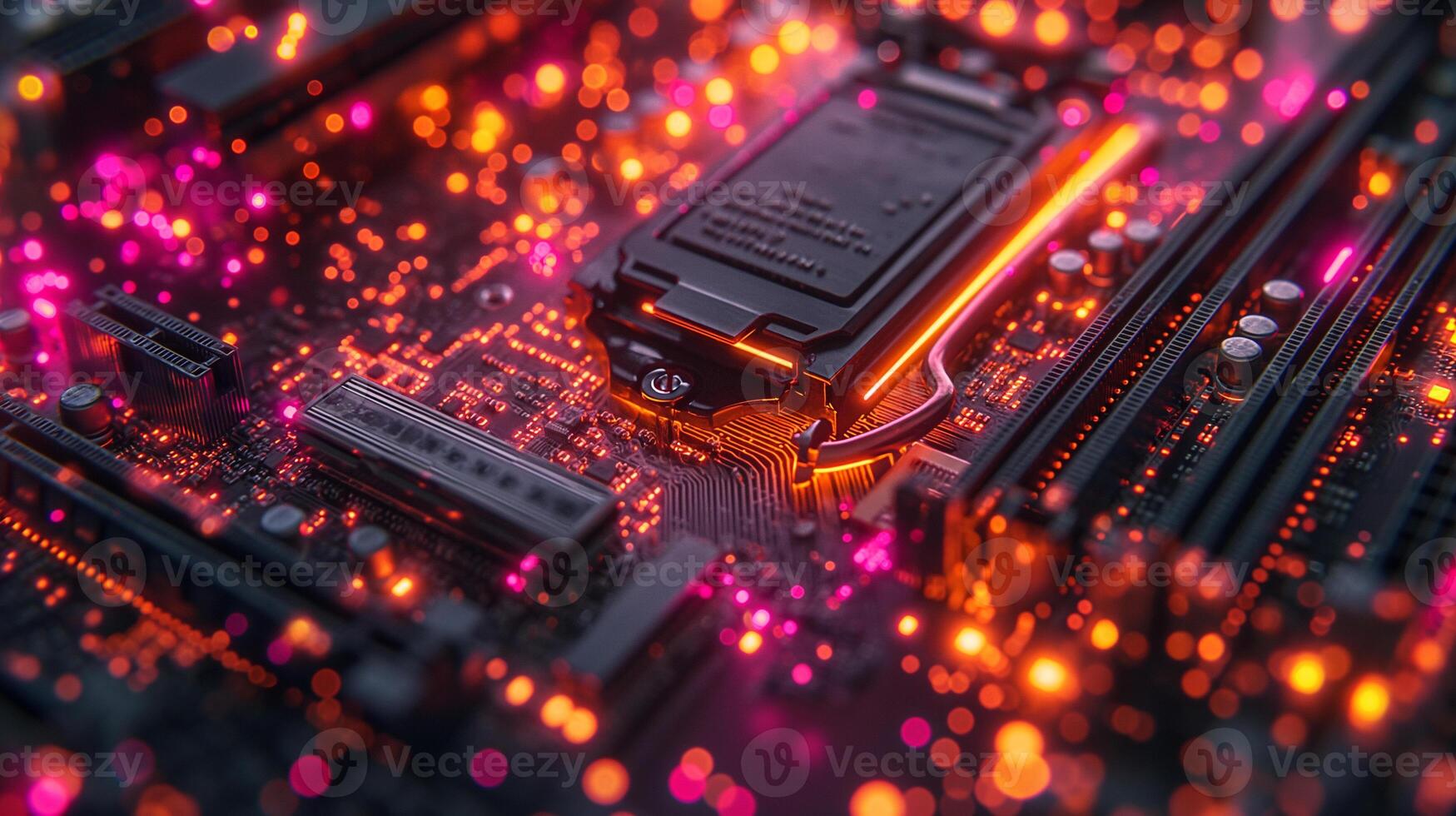 ai generado alta resolución, macro Disparo de un computadora chip, enfatizando intrincado circuito detalles foto