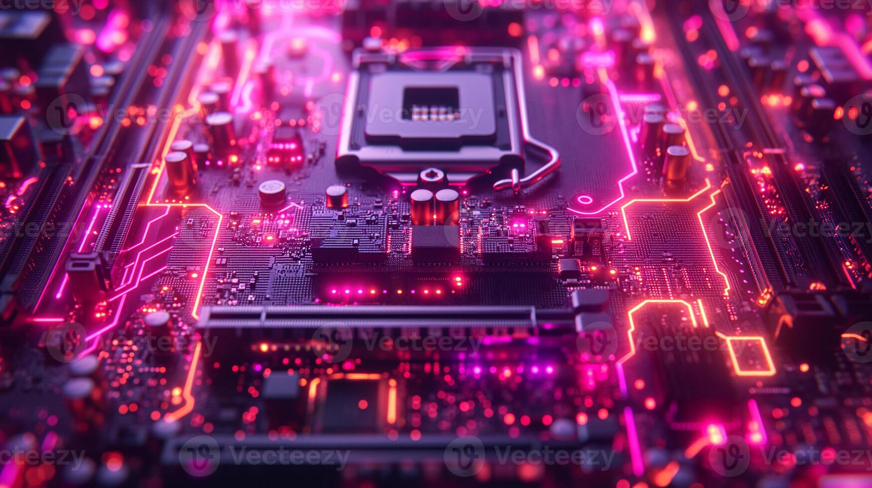 ai generado alta resolución, macro Disparo de un computadora chip, enfatizando intrincado circuito detalles foto