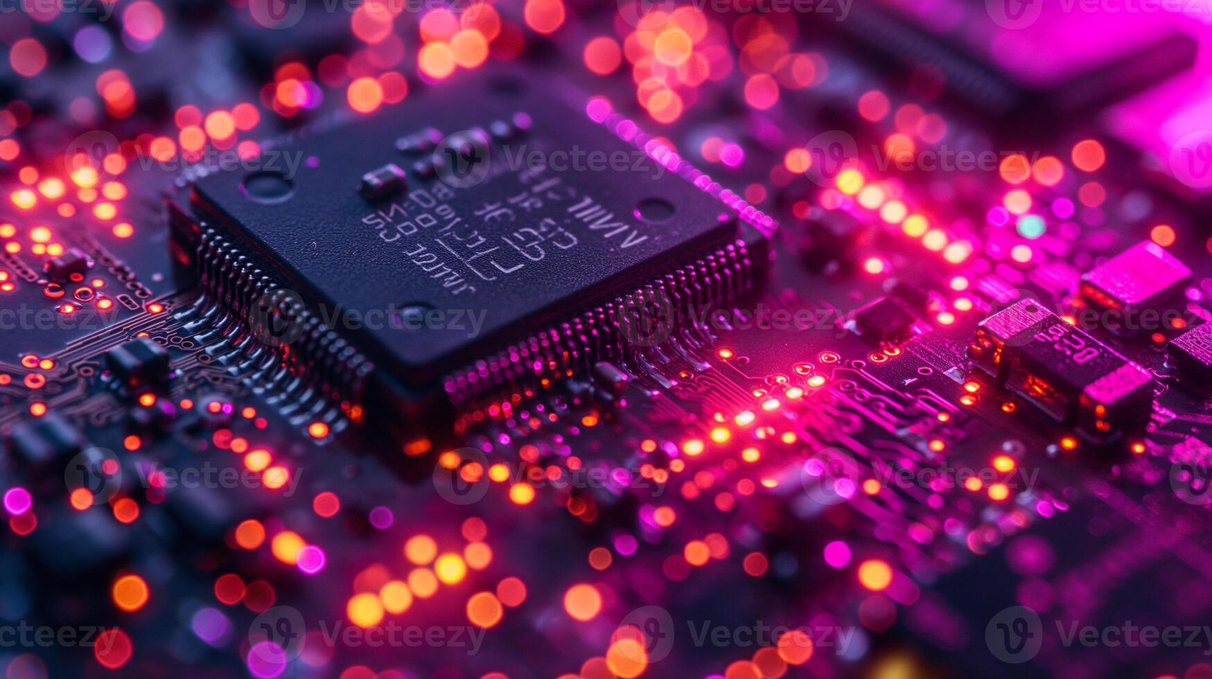 AI generated High-resolution, macro shot of a computer chip, emphasizing intricate circuit details photo
