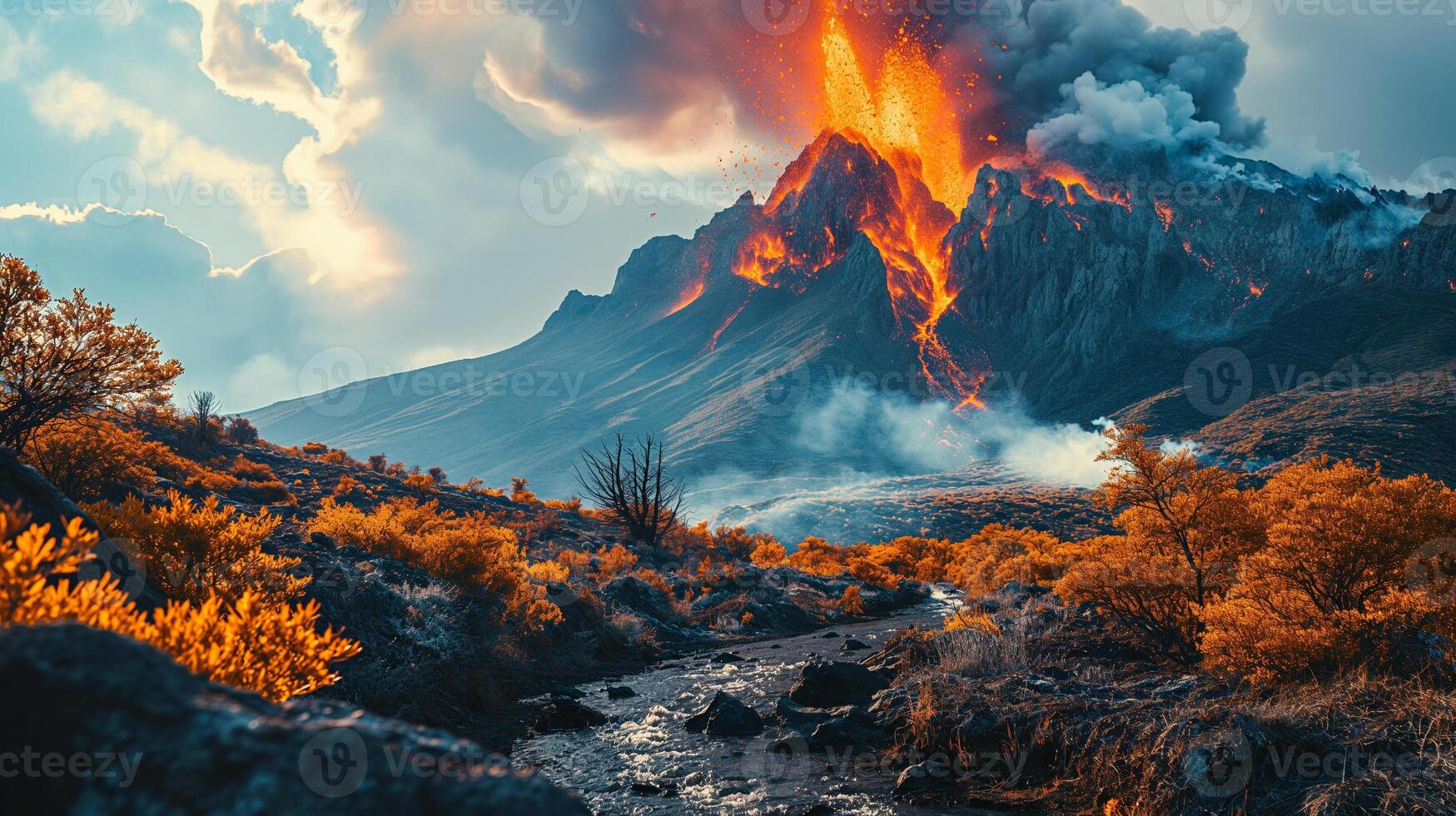 AI generated Apocalyptic vision of a volcano erupting photo