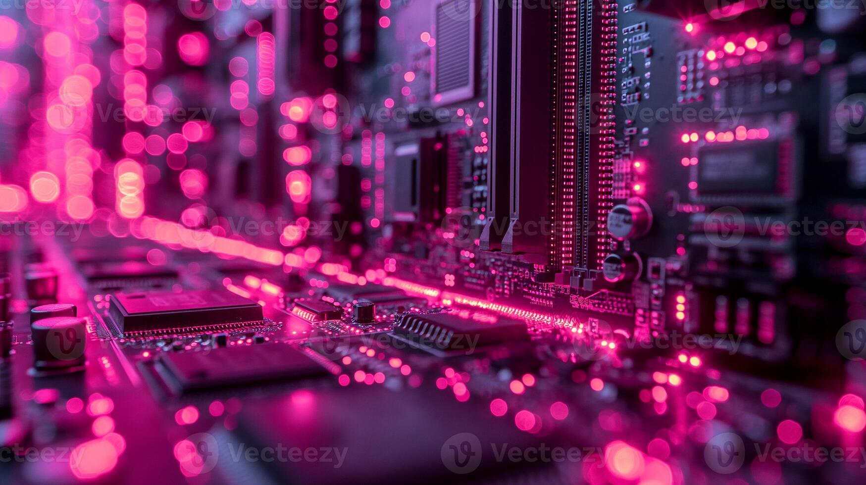 AI generated High-resolution, macro shot of a computer chip, emphasizing intricate circuit details photo