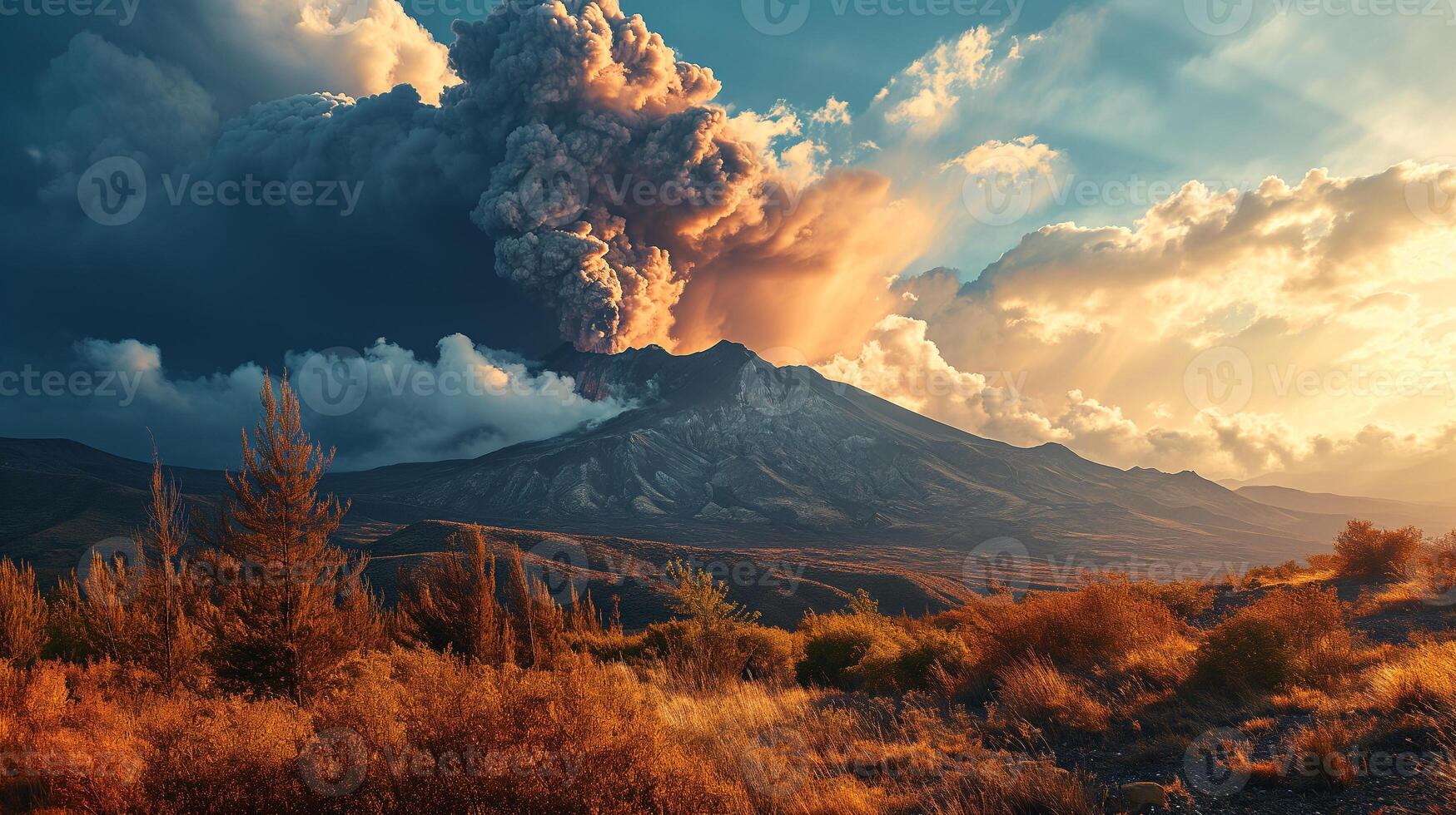 AI generated Apocalyptic vision of a volcano erupting photo