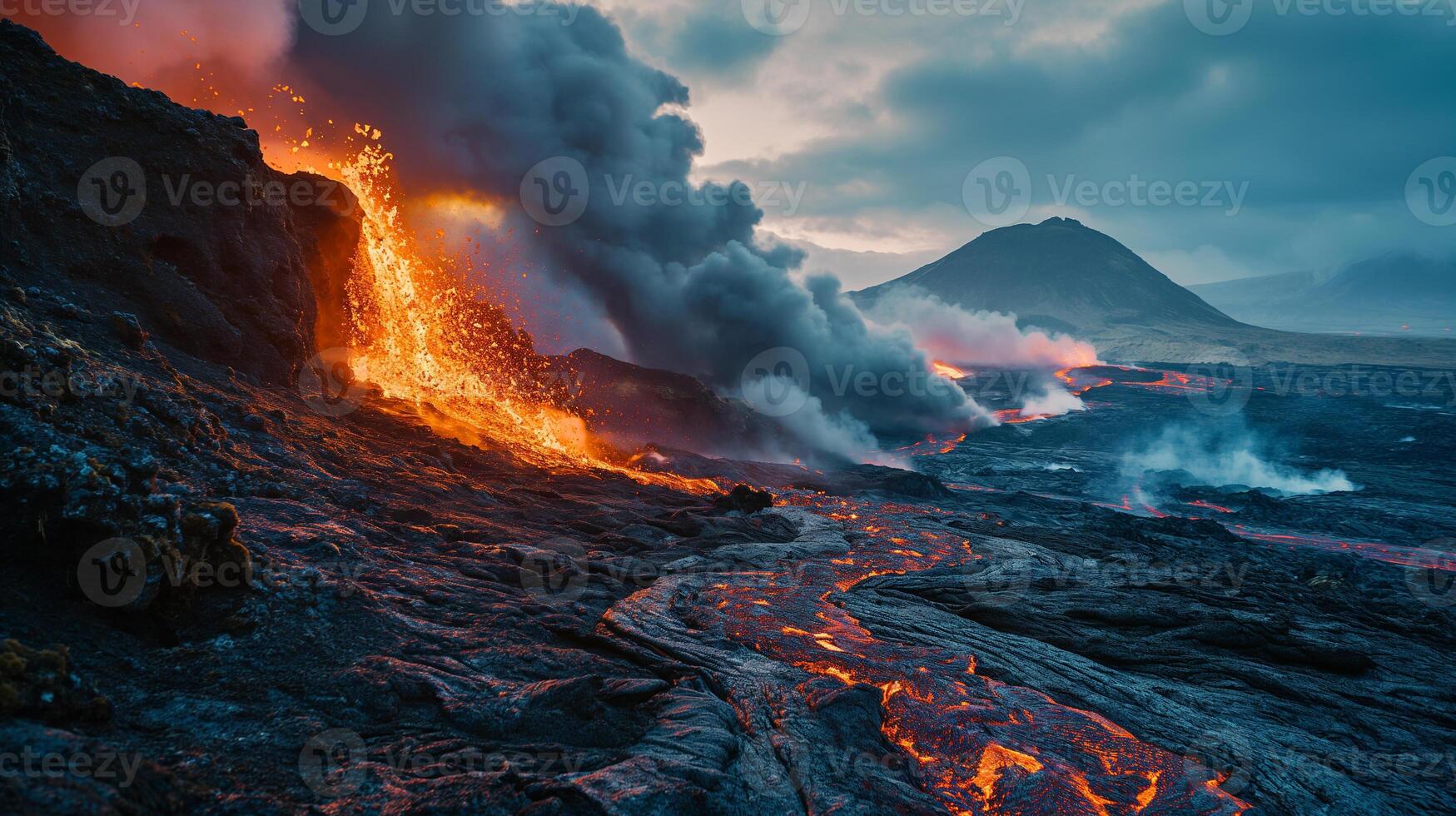 AI generated Apocalyptic vision of a volcano erupting photo