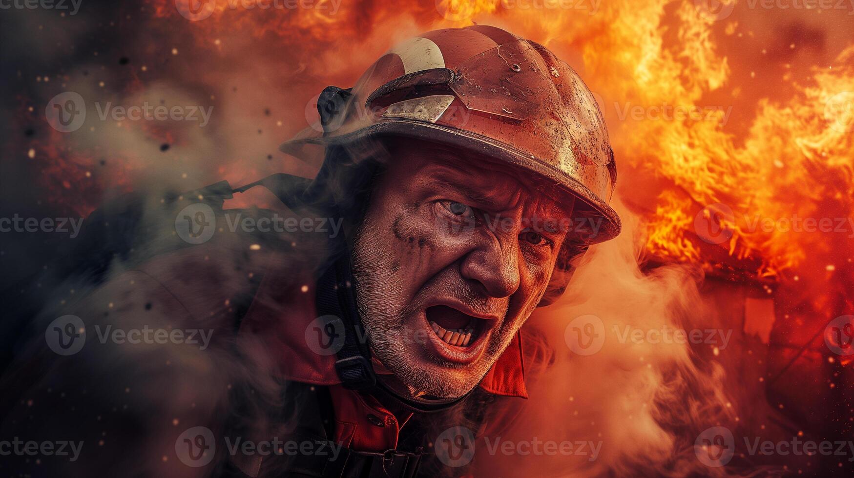 AI generated A close-up photograph of a fireman yelling, face contorted in fury and sorrow, against a backdrop of fierce flames consuming a structure. photo