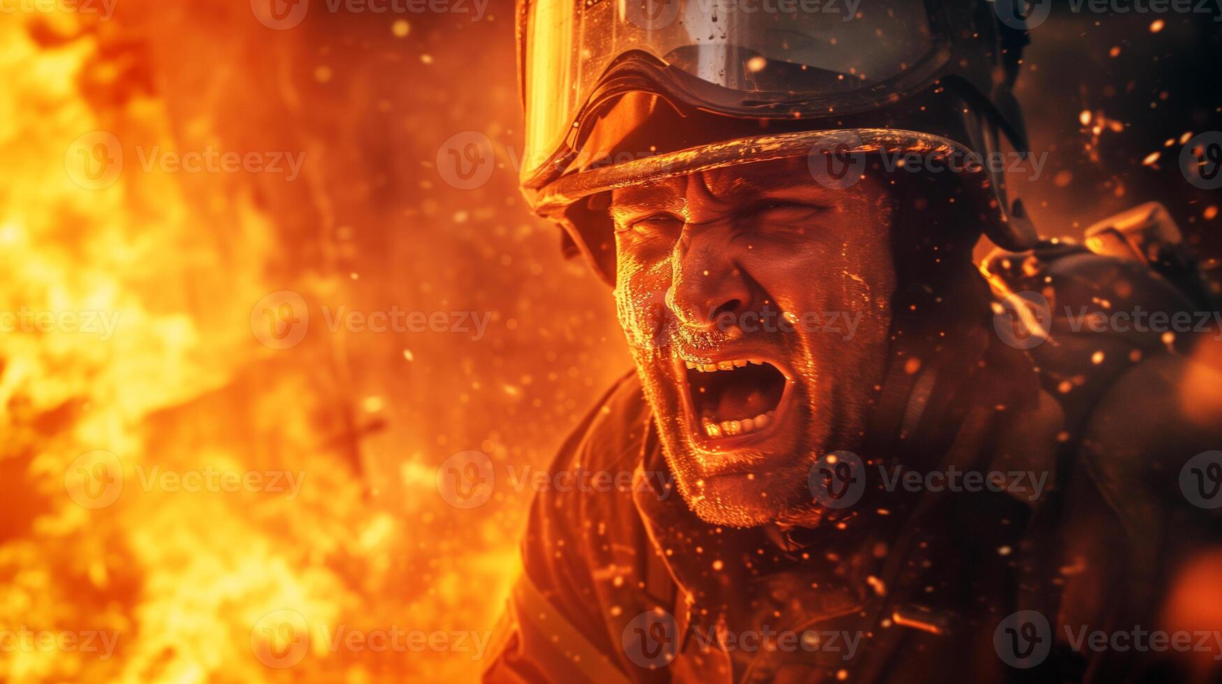 AI generated A close-up photograph of a fireman yelling, face contorted in fury and sorrow, against a backdrop of fierce flames consuming a structure. photo