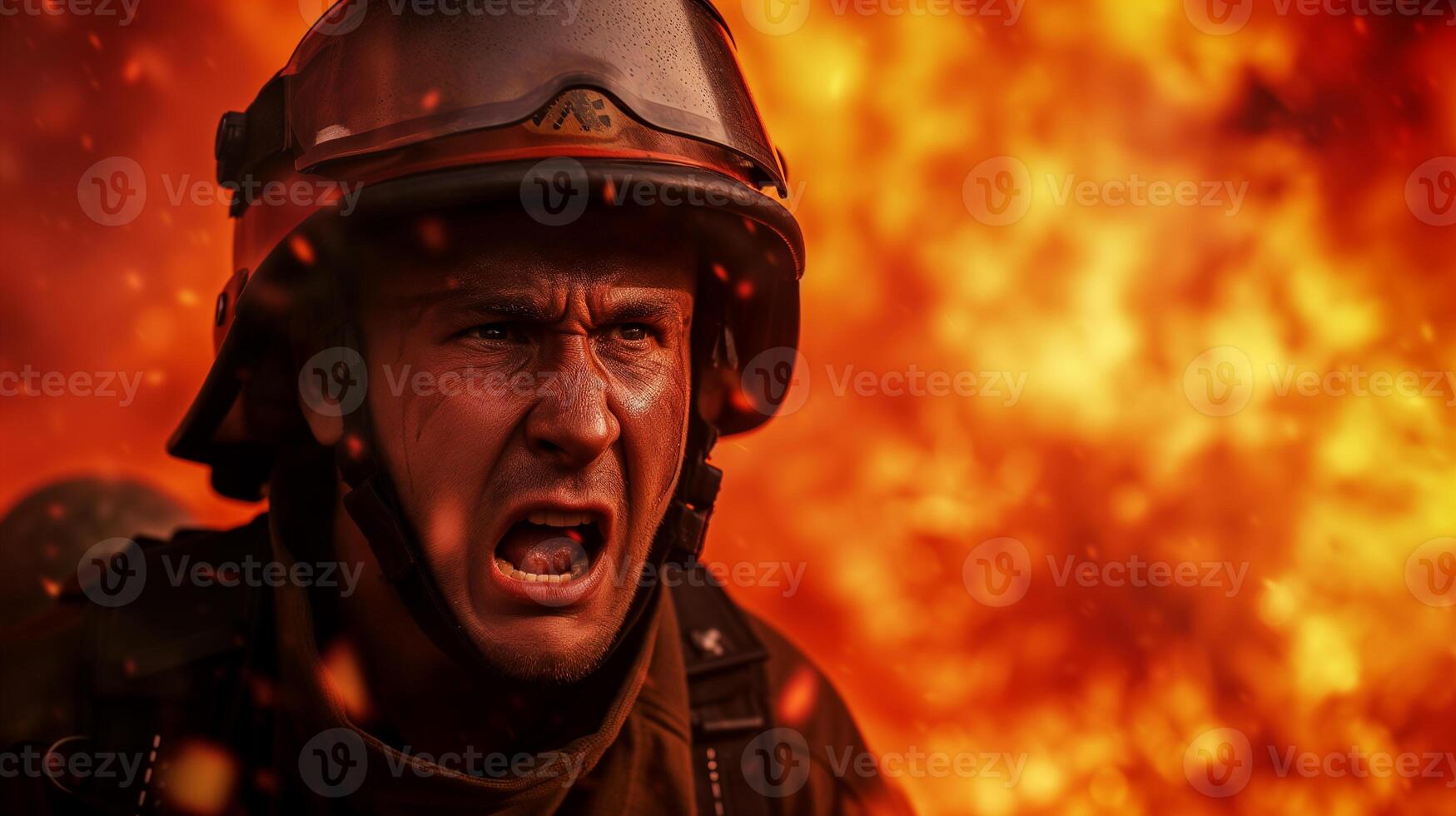 AI generated A close-up photograph of a fireman yelling, face contorted in fury and sorrow, against a backdrop of fierce flames consuming a structure. photo