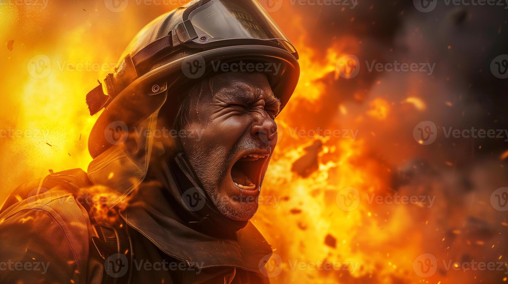 AI generated A close-up photograph of a fireman yelling, face contorted in fury and sorrow, against a backdrop of fierce flames consuming a structure. photo