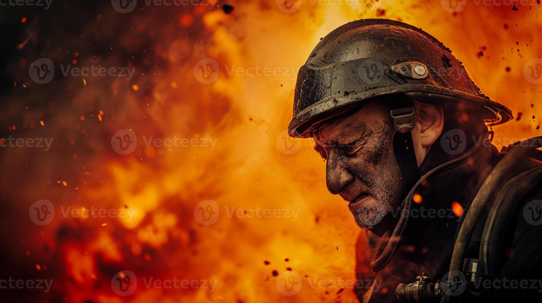 AI generated A close-up photograph of a fireman yelling, face contorted in fury and sorrow, against a backdrop of fierce flames consuming a structure. photo