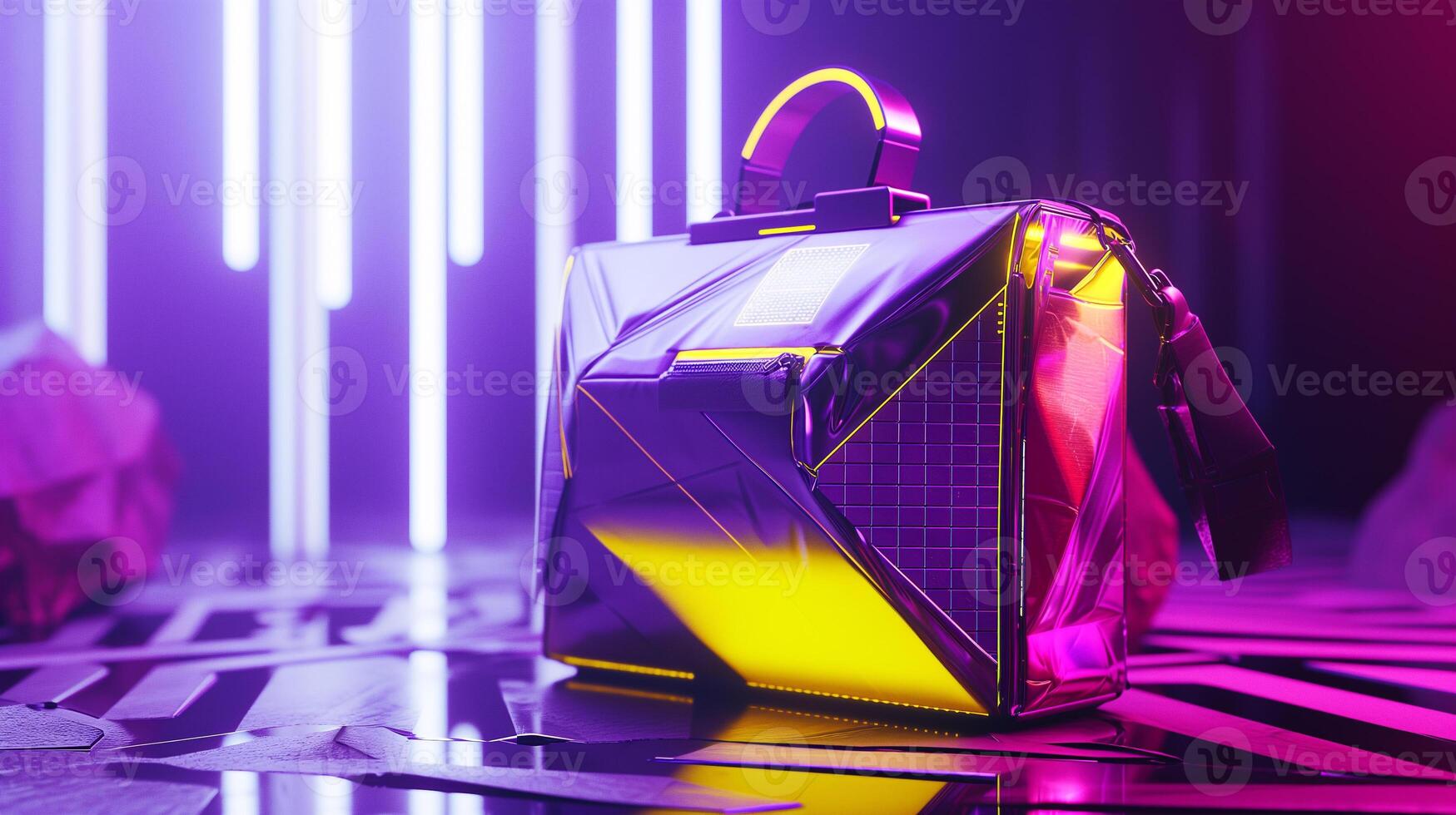 AI generated A futuristic woman's bag design, sleek and innovative shape, primary colors purple and yellow. Metallic accents, holographic textures, neon lighting effects. photo