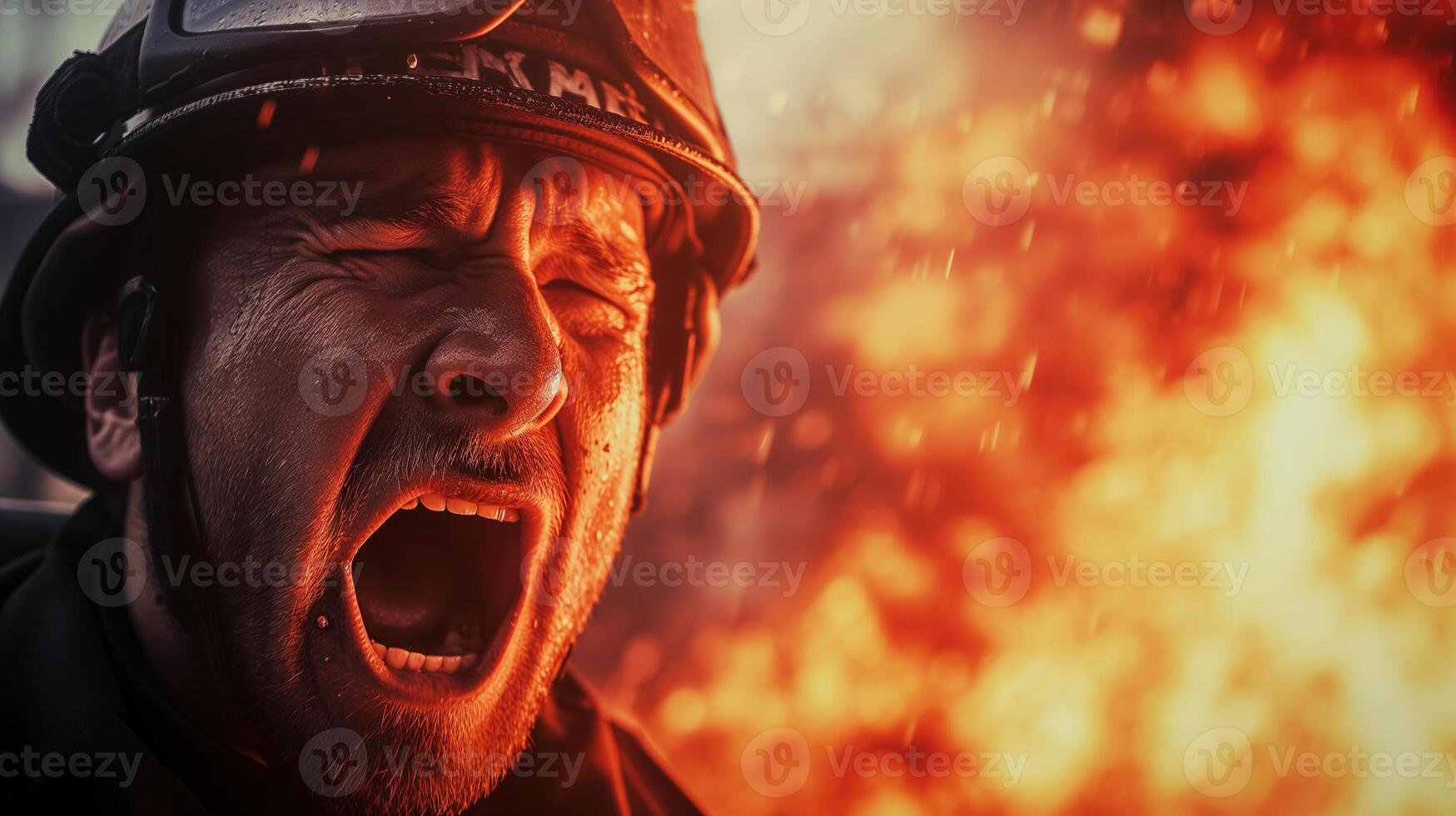 AI generated A close-up photograph of a fireman yelling, face contorted in fury and sorrow, against a backdrop of fierce flames consuming a structure. photo