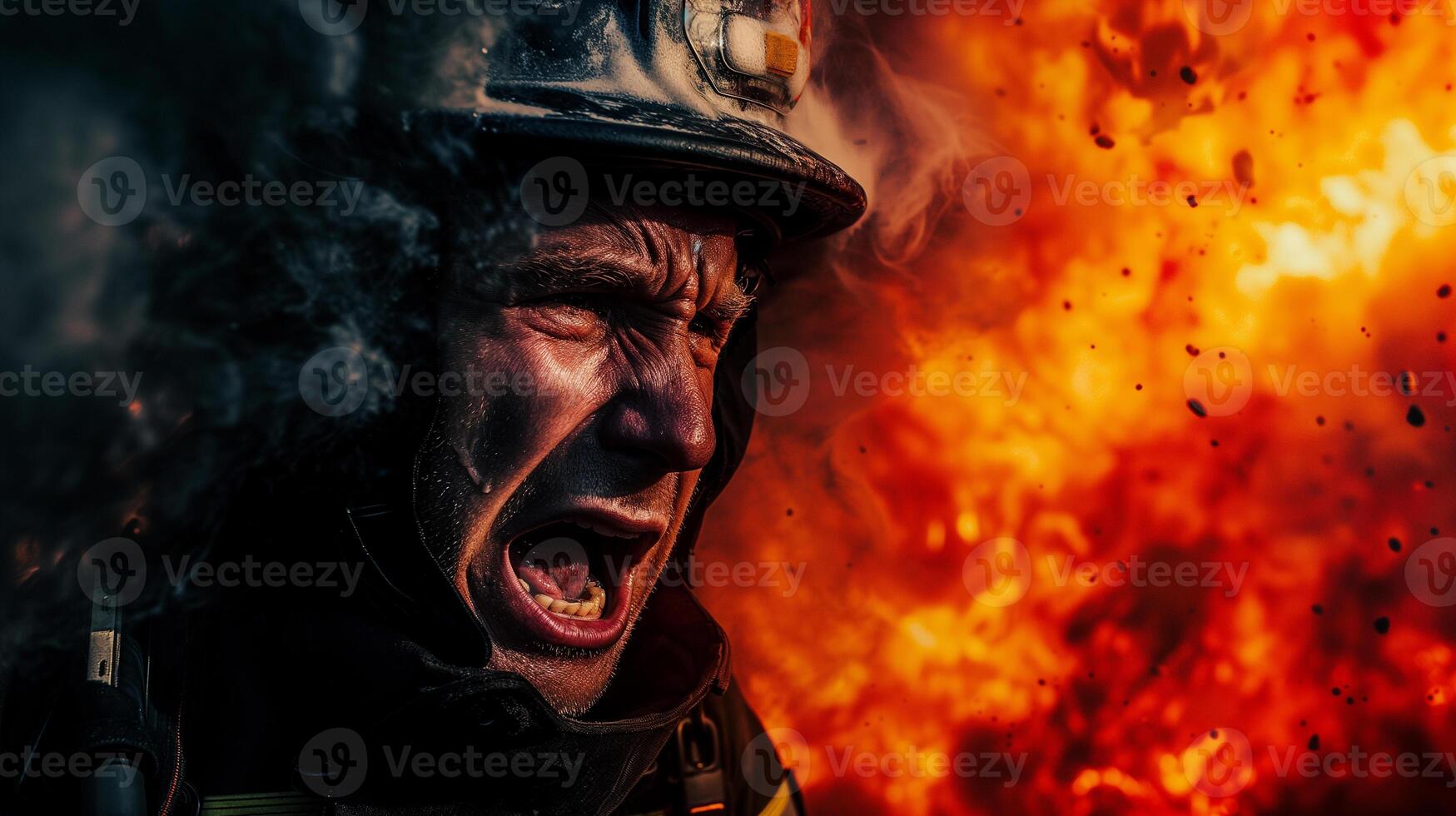 AI generated A close-up photograph of a fireman yelling, face contorted in fury and sorrow, against a backdrop of fierce flames consuming a structure. photo