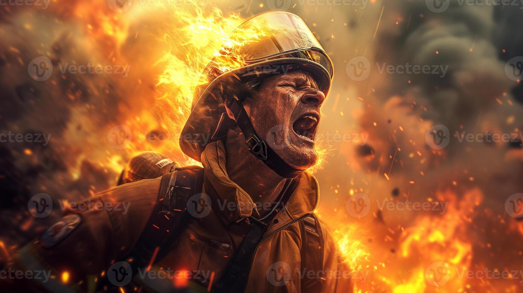AI generated A close-up photograph of a fireman yelling, face contorted in fury and sorrow, against a backdrop of fierce flames consuming a structure. photo