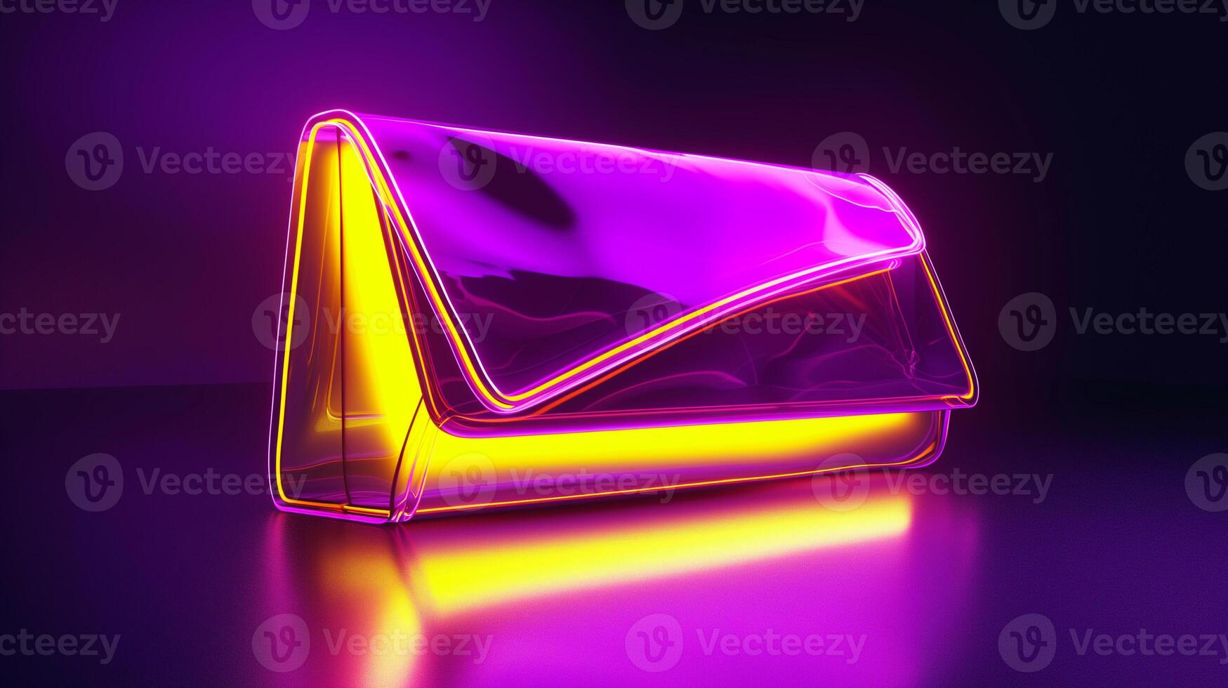 AI generated A futuristic woman's bag design, sleek and innovative shape, primary colors purple and yellow. Metallic accents, holographic textures, neon lighting effects. photo