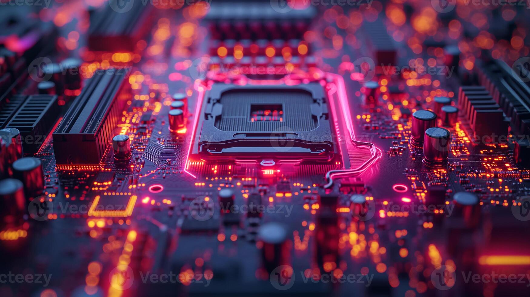 AI generated High-resolution, macro shot of a computer chip, emphasizing intricate circuit details photo