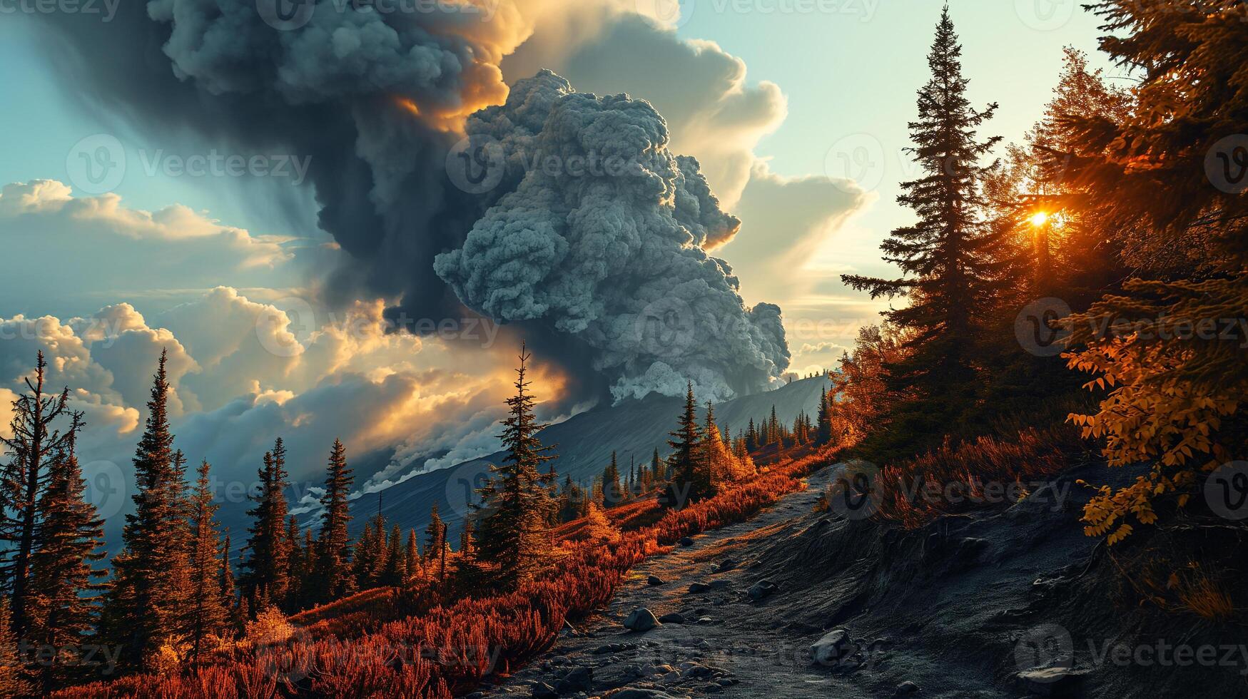 AI generated Apocalyptic vision of a volcano erupting photo