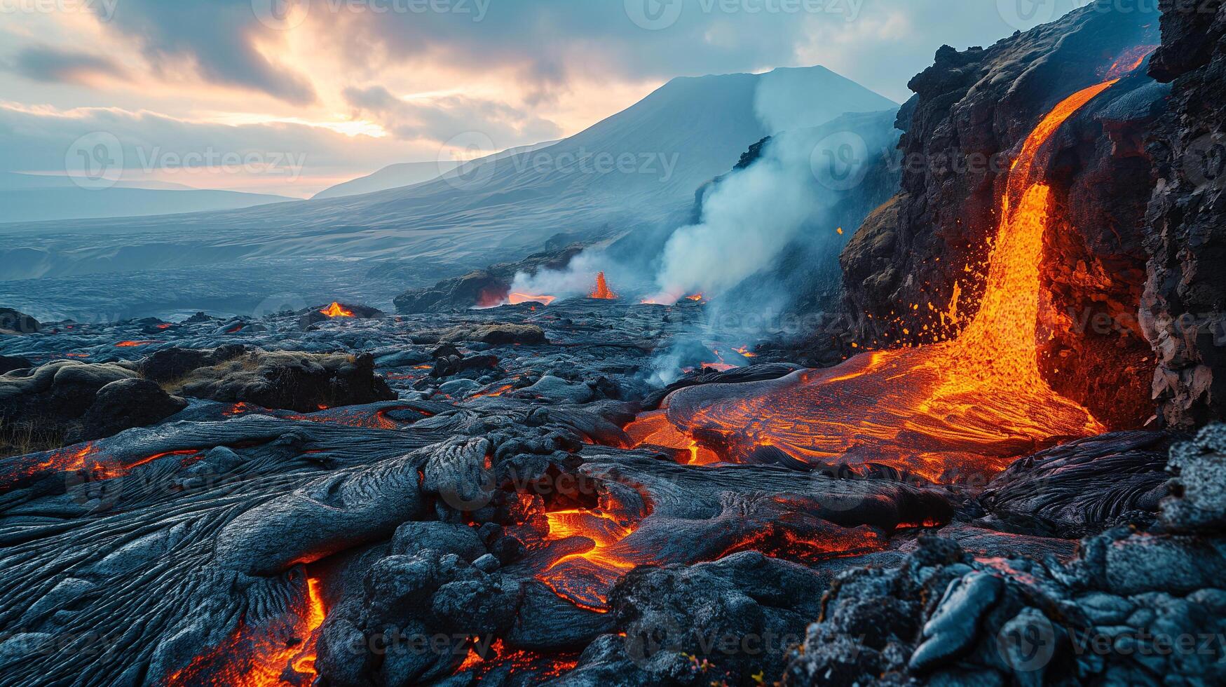 AI generated Apocalyptic vision of a volcano erupting photo