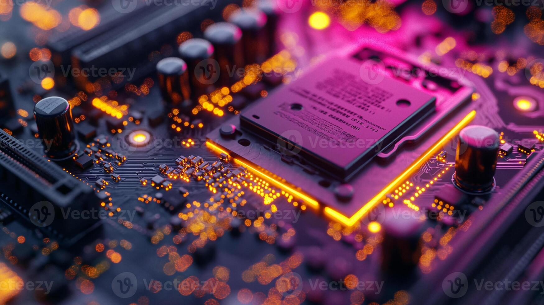 AI generated High-resolution, macro shot of a computer chip, emphasizing intricate circuit details photo