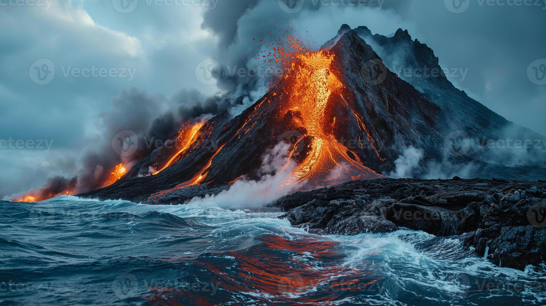AI generated Apocalyptic vision of a volcano erupting photo