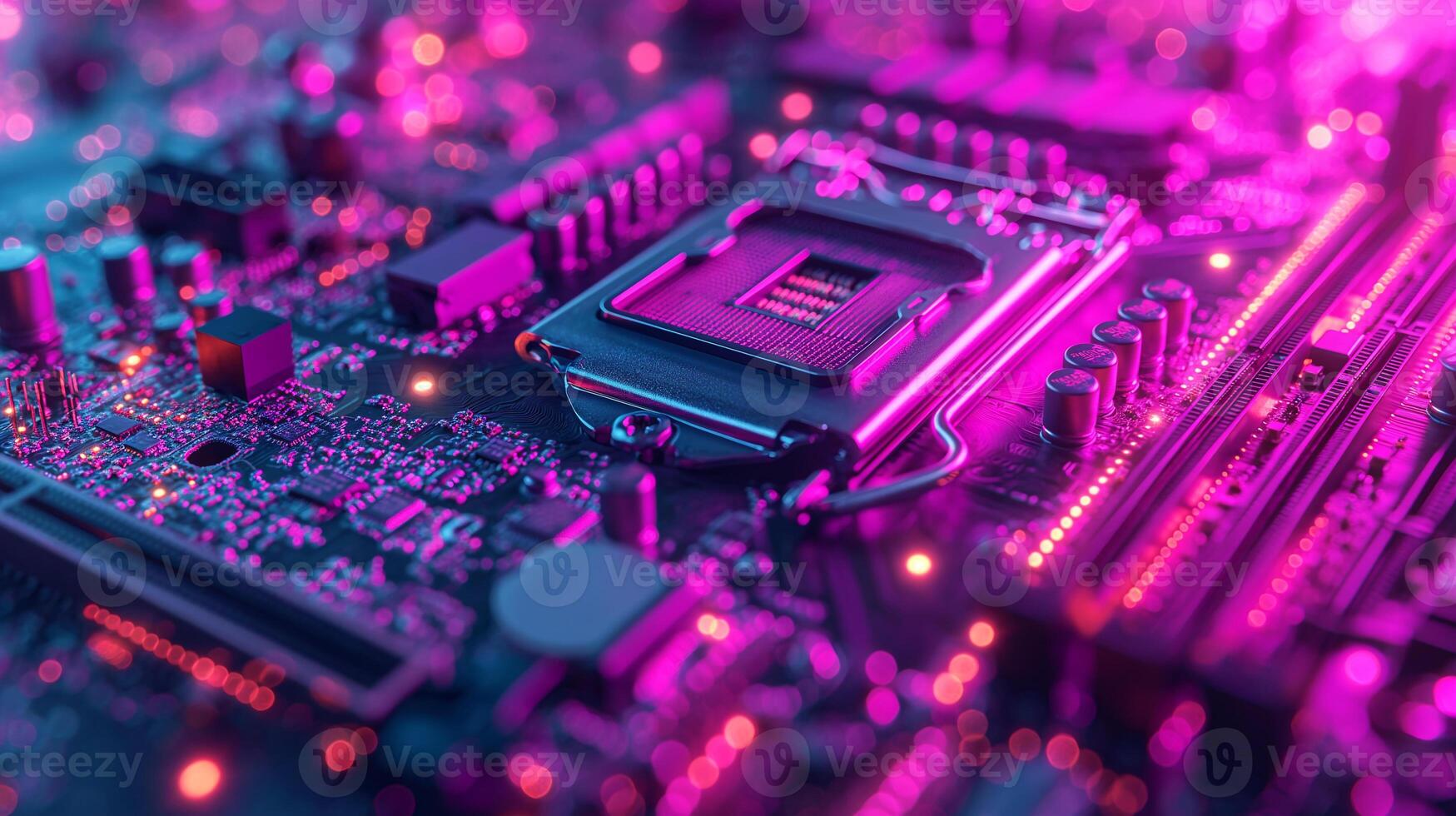 AI generated High-resolution, macro shot of a computer chip, emphasizing intricate circuit details photo