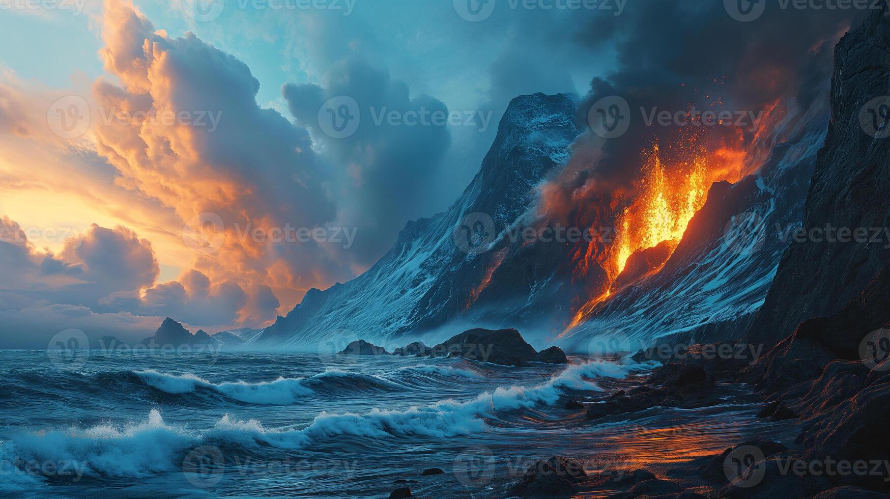 AI generated Apocalyptic vision of a volcano erupting photo