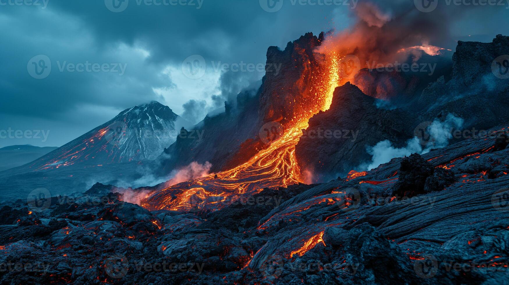 AI generated Apocalyptic vision of a volcano erupting photo