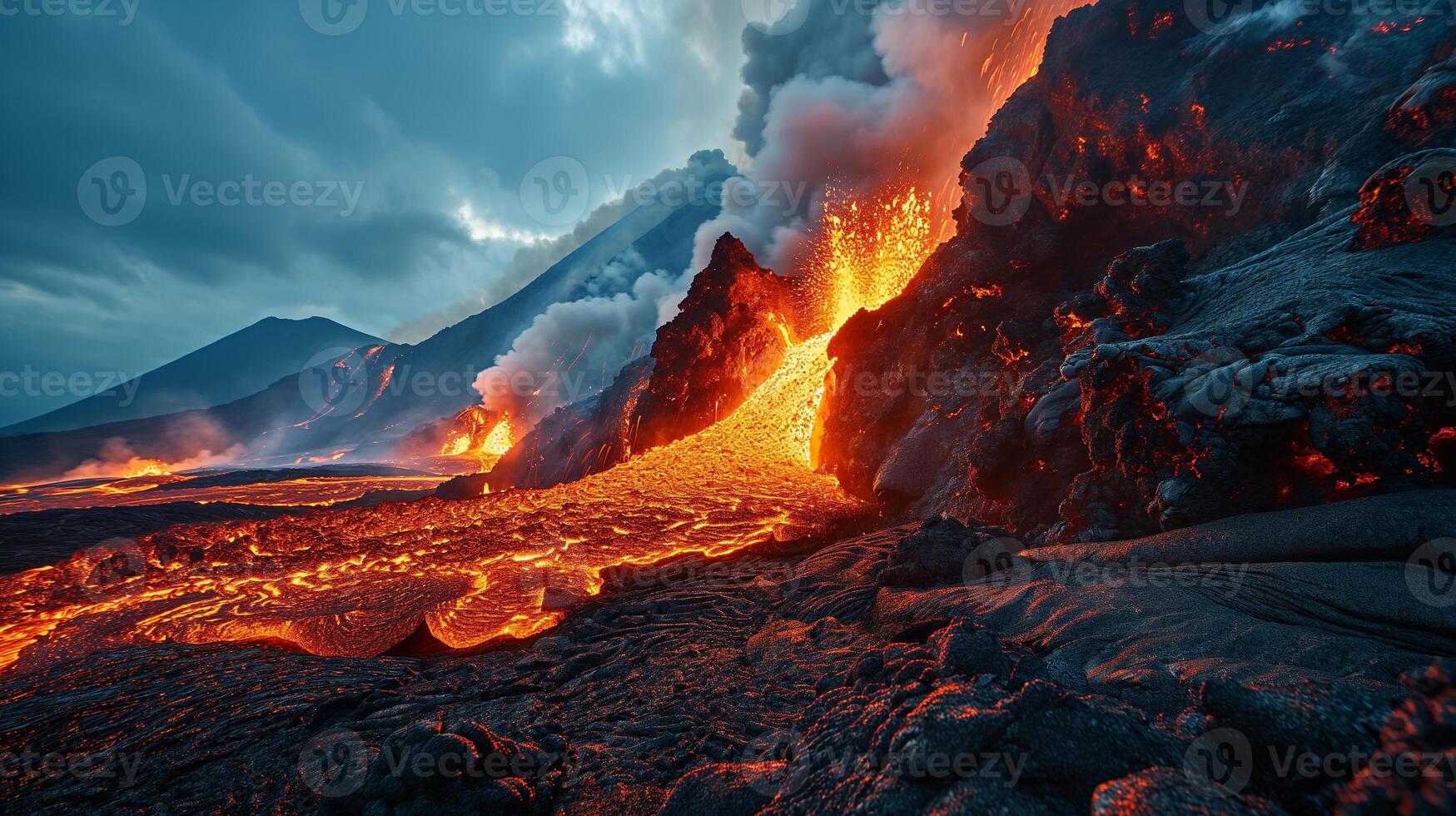 AI generated Apocalyptic vision of a volcano erupting photo