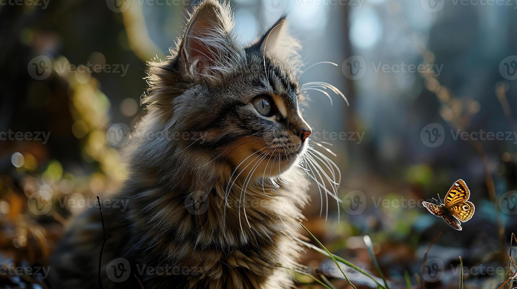 ai generado un retrato de un adorable mullido gatito, mariposa descansando en sus nariz, Esmeralda ojos enfocado foto