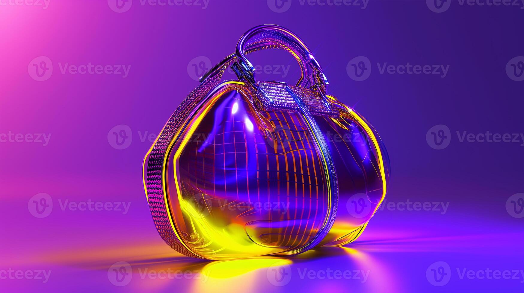 AI generated A futuristic woman's bag design, sleek and innovative shape, primary colors purple and yellow. Metallic accents, holographic textures, neon lighting effects. photo