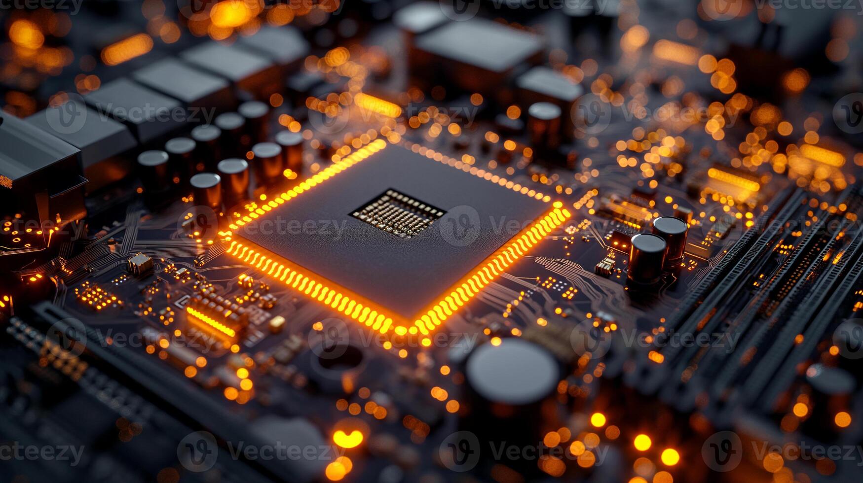 ai generado alta resolución, macro Disparo de un computadora chip, enfatizando intrincado circuito detalles foto