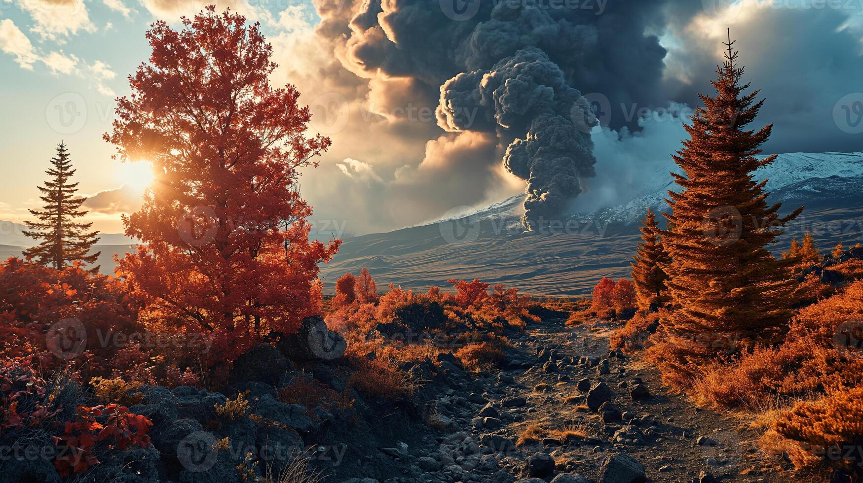 AI generated Apocalyptic vision of a volcano erupting photo