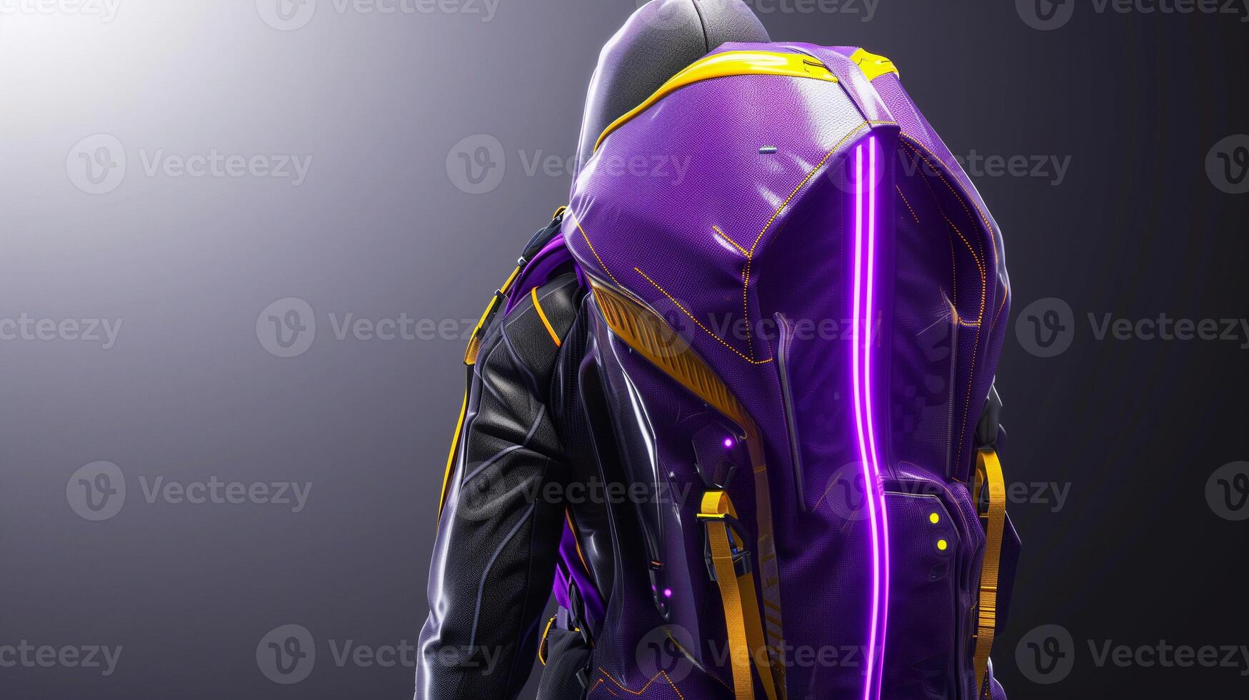 AI generated A futuristic woman's bag design, sleek and innovative shape, primary colors purple and yellow. Metallic accents, holographic textures, neon lighting effects. photo