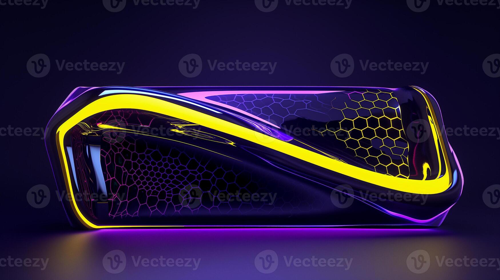 AI generated A futuristic woman's bag design, sleek and innovative shape, primary colors purple and yellow. Metallic accents, holographic textures, neon lighting effects. photo