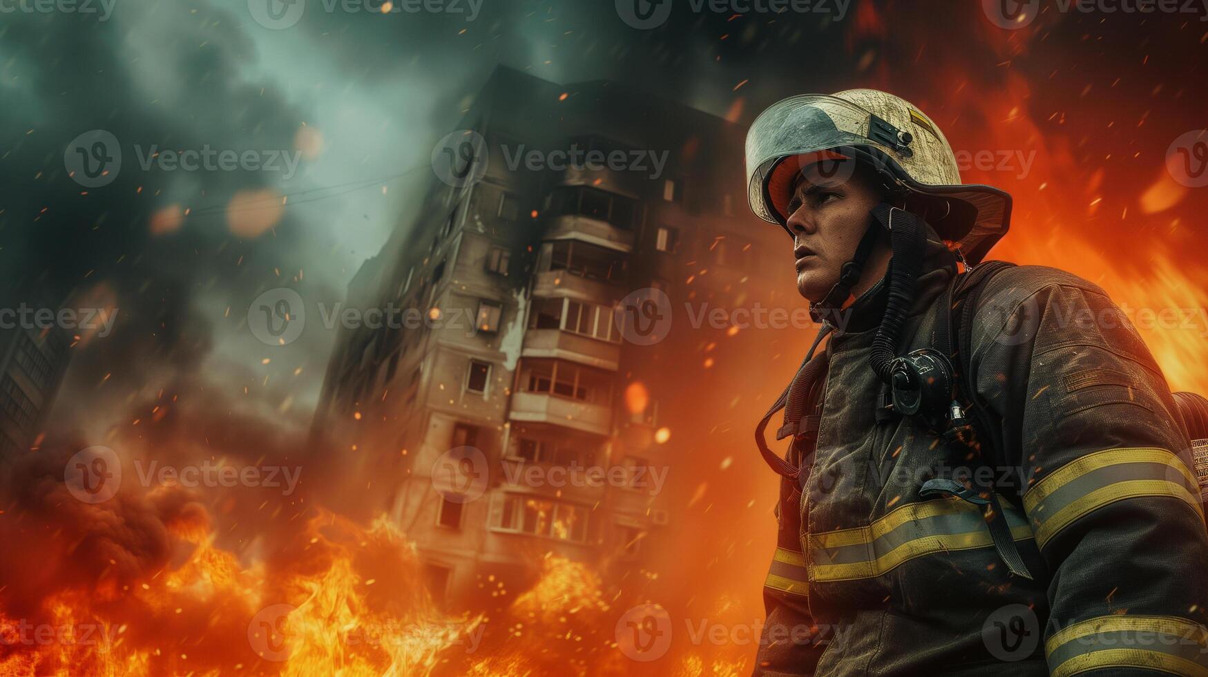AI generated A close-up photograph of a fireman yelling, face contorted in fury and sorrow, against a backdrop of fierce flames consuming a structure. photo