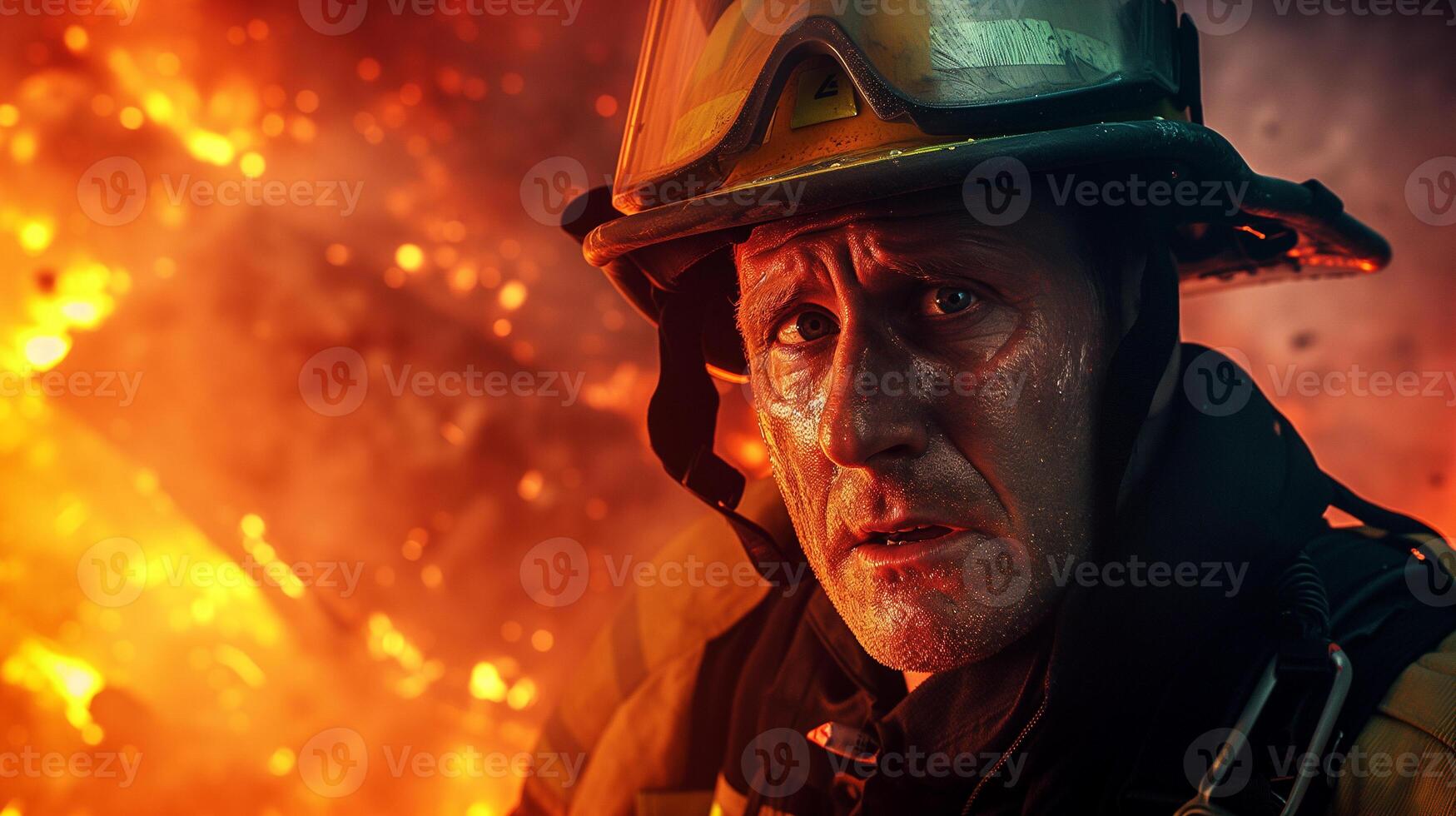 AI generated A close-up photograph of a fireman yelling, face contorted in fury and sorrow, against a backdrop of fierce flames consuming a structure. photo