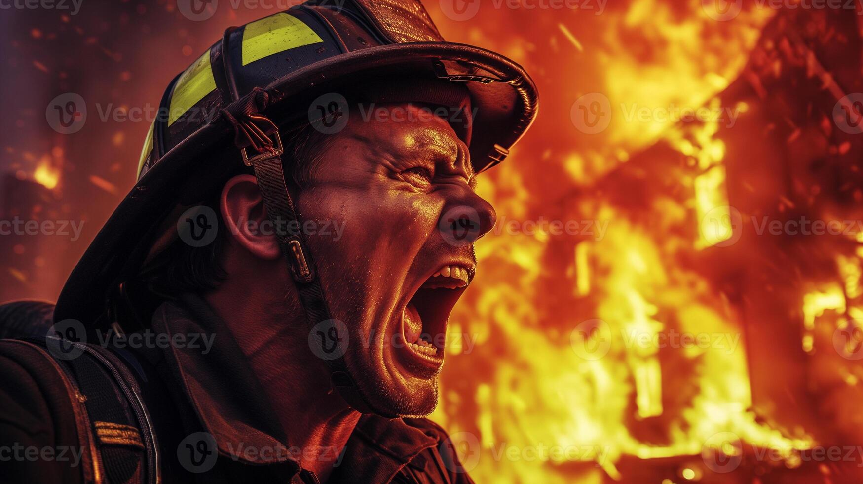 AI generated A close-up photograph of a fireman yelling, face contorted in fury and sorrow, against a backdrop of fierce flames consuming a structure. photo