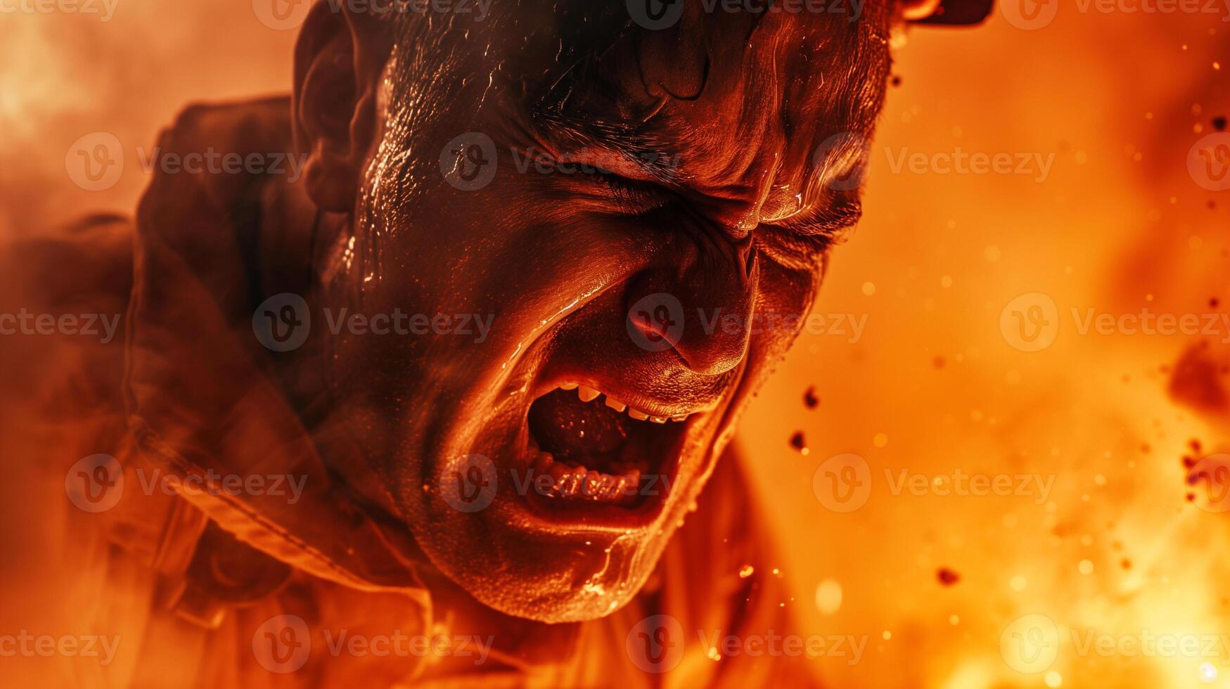 AI generated A close-up photograph of a fireman yelling, face contorted in fury and sorrow, against a backdrop of fierce flames consuming a structure. photo