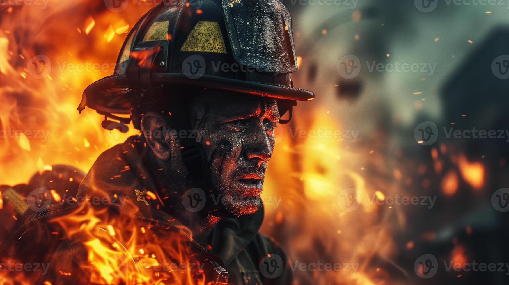 AI generated A close-up photograph of a fireman yelling, face contorted in fury and sorrow, against a backdrop of fierce flames consuming a structure. photo