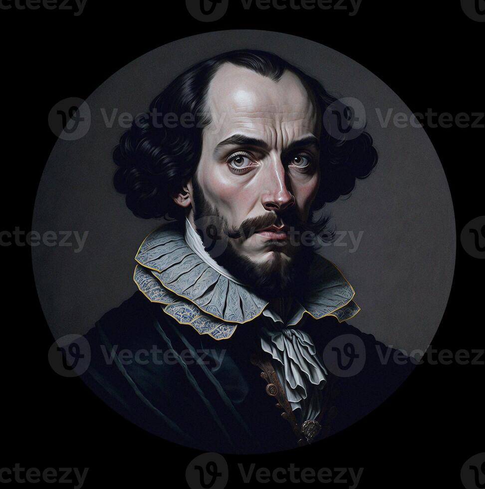 Portrait of a middle-aged man who looks like the English poet and playwright William Shakespeare. The illustration was created using artificial intelligence, a neural network. . photo