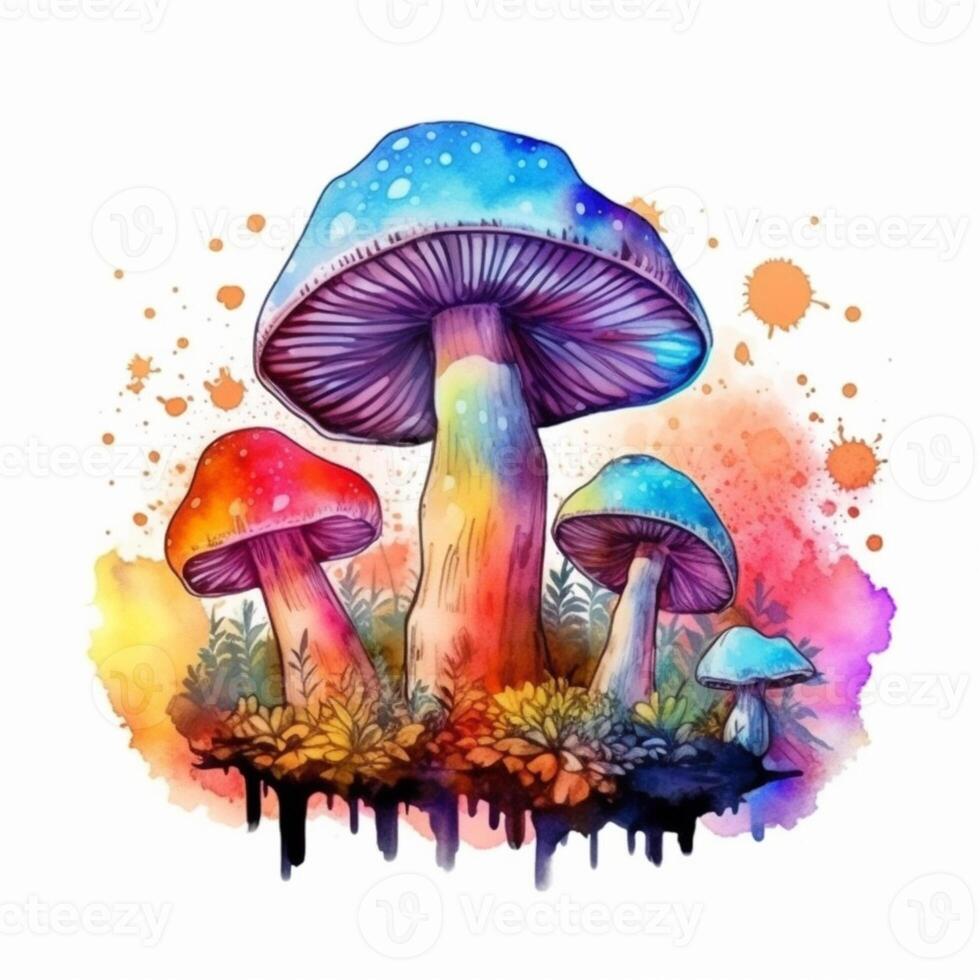 a painting of a group of mushrooms with watercolor splashs. generative ai. photo