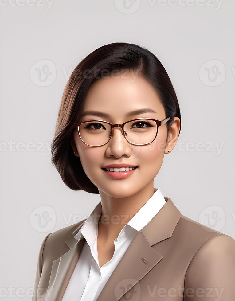 AI Generative, smiling young businesswoman in beige suit looking at camera over white background photo