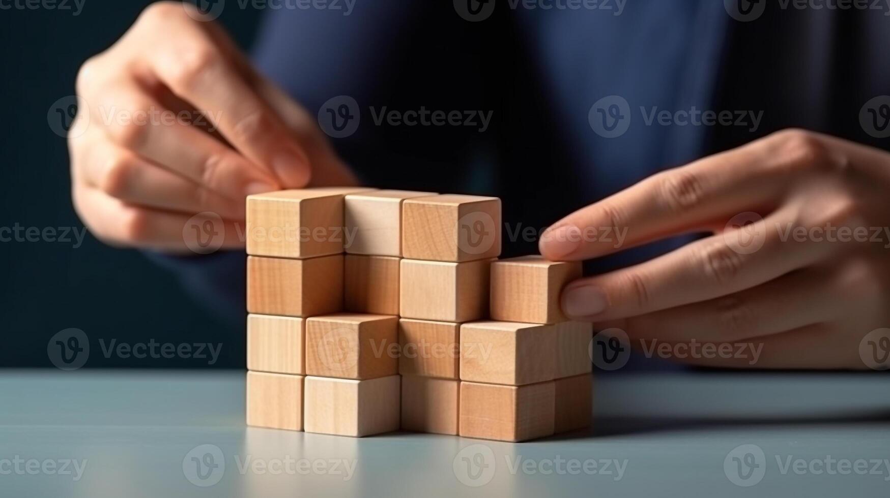 Businessman hand arranging wood block stacking step by step,Business concept growth success process.Generative Ai. photo