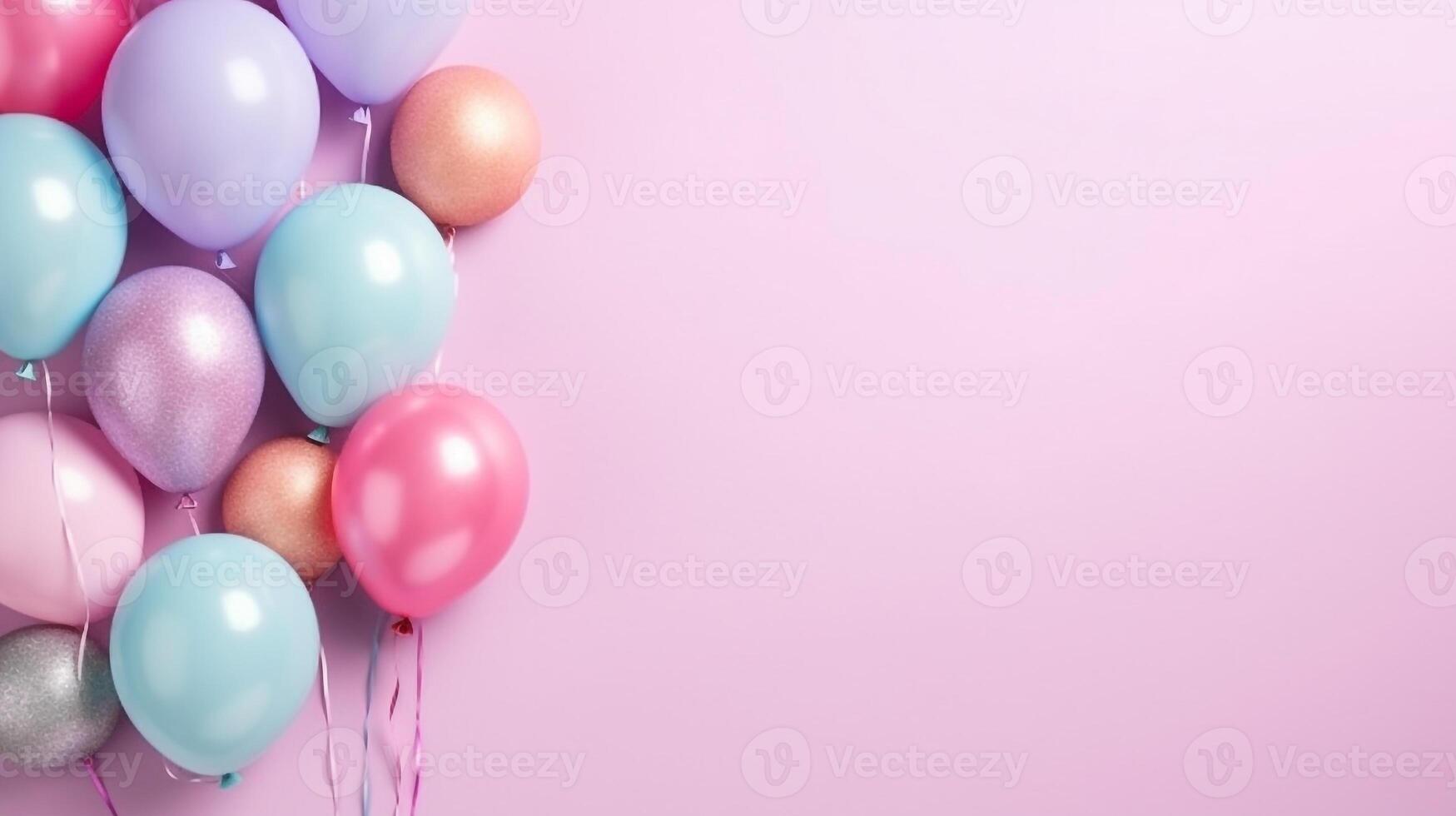 Pastel pink background with colorful balloons,copy space,birthday or party greeting card.Generative Ai. photo