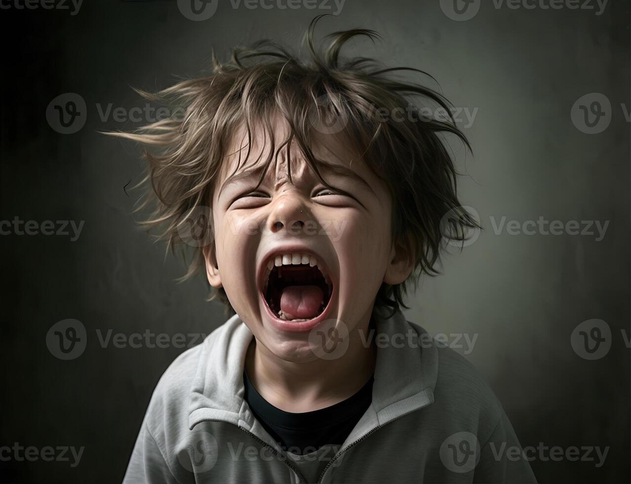 Angry kids in agony screaming, closeup. Mental health problems, AI Generative photo