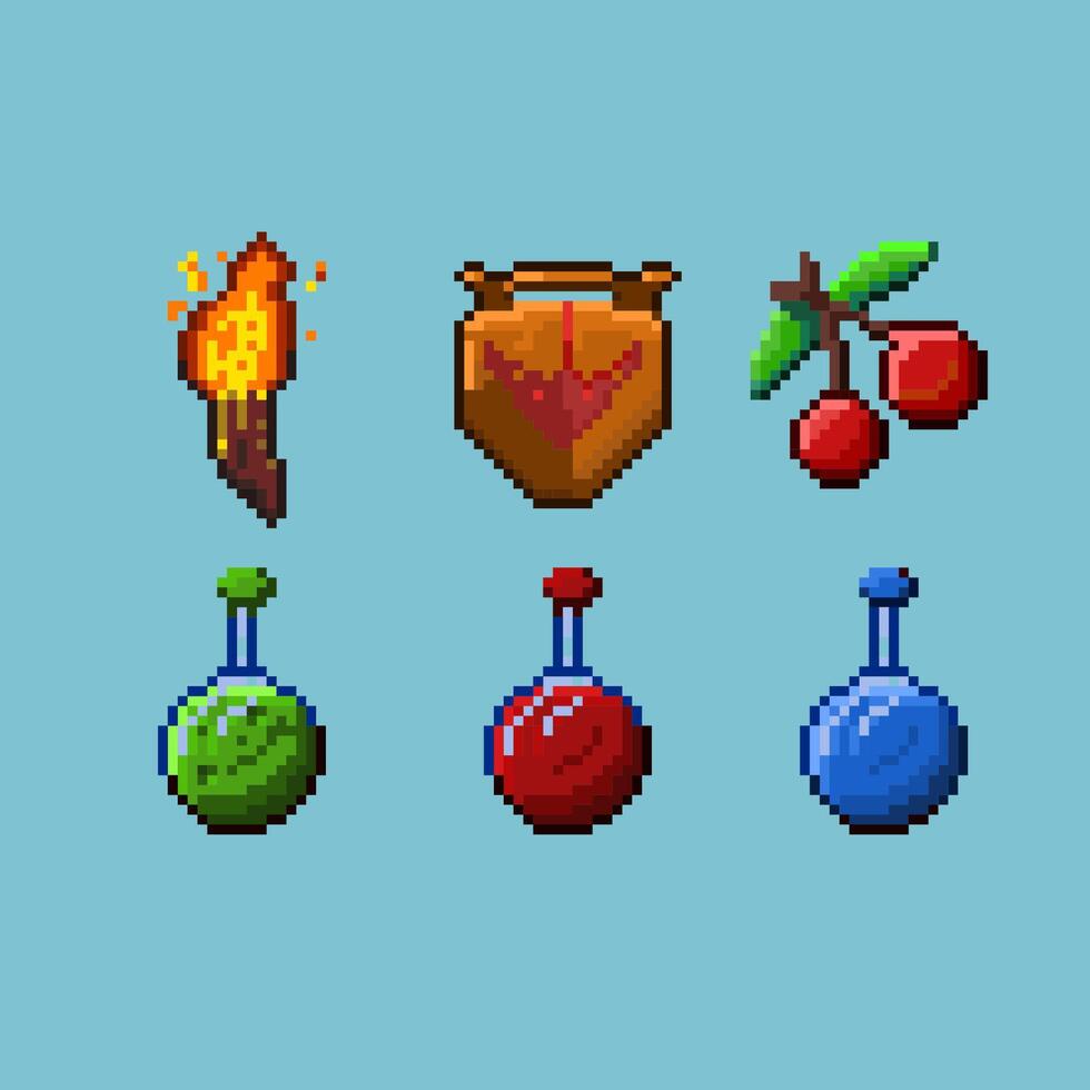 Pixel art sets of dugeon items. Torch,shield,red cherry,green potion,red potion,and blue potion. Pixel art,8bits perfect for game asset or design asset element for your game design asset. vector