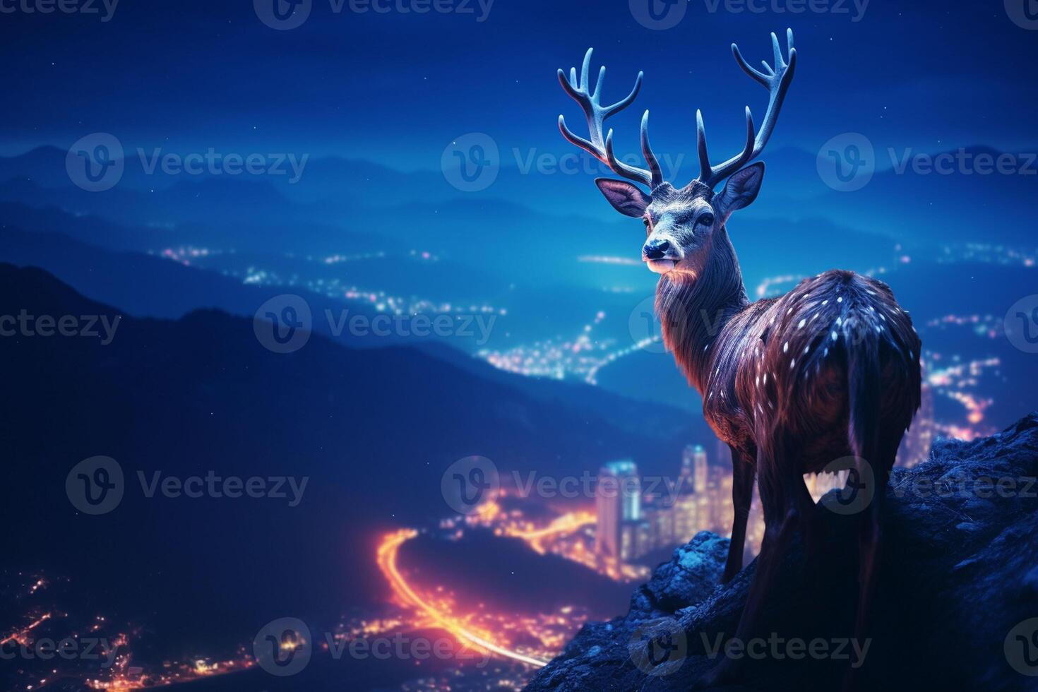 mountains at nigh, Fantasy landscape with a deer. Ai generated pro photo