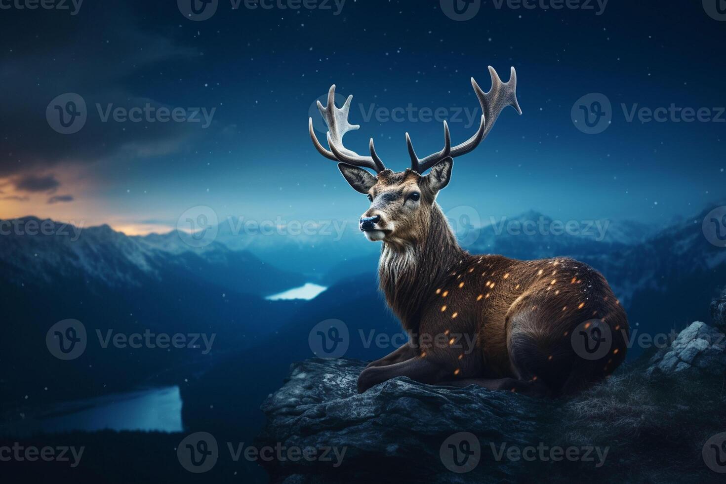 mountains at nigh, Fantasy landscape with a deer. Ai generated pro photo