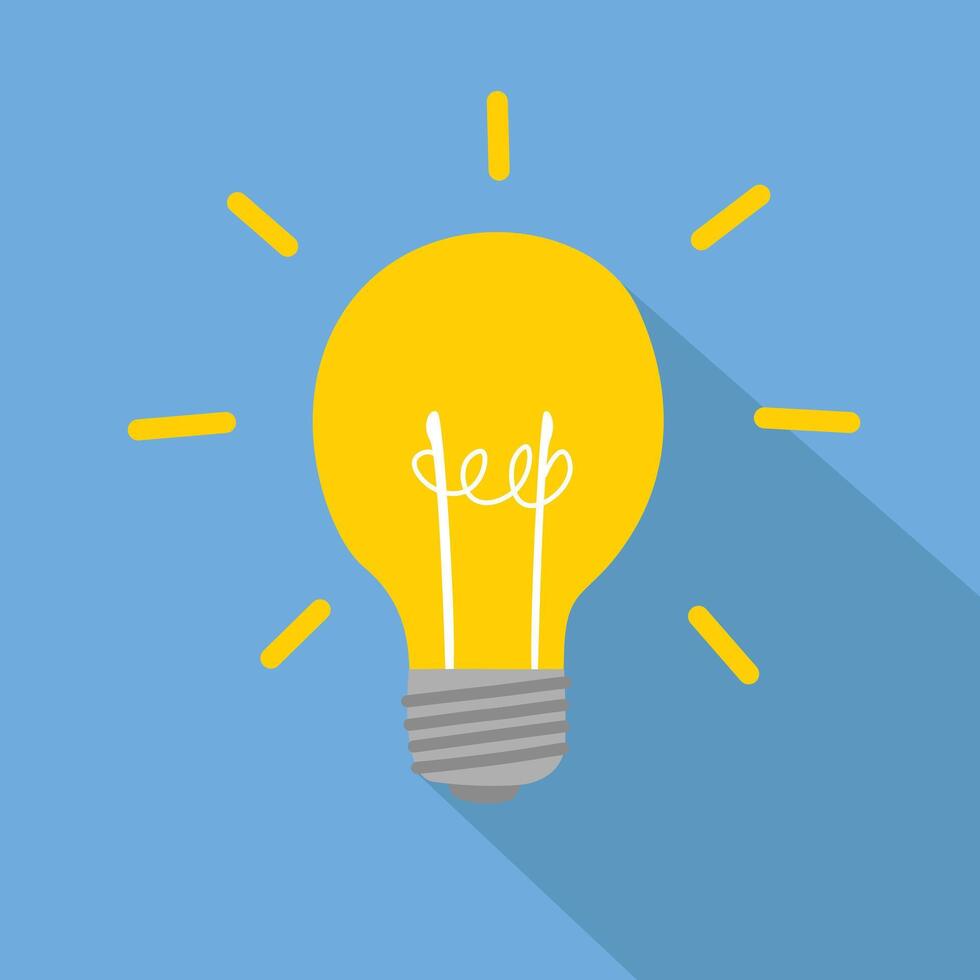 Light bulb icon vector illustration. Idea symbol. Electric lamp, light, inovation, solution, creative thinking, electrictity. Flat design in cartoon style isolated on blue background.