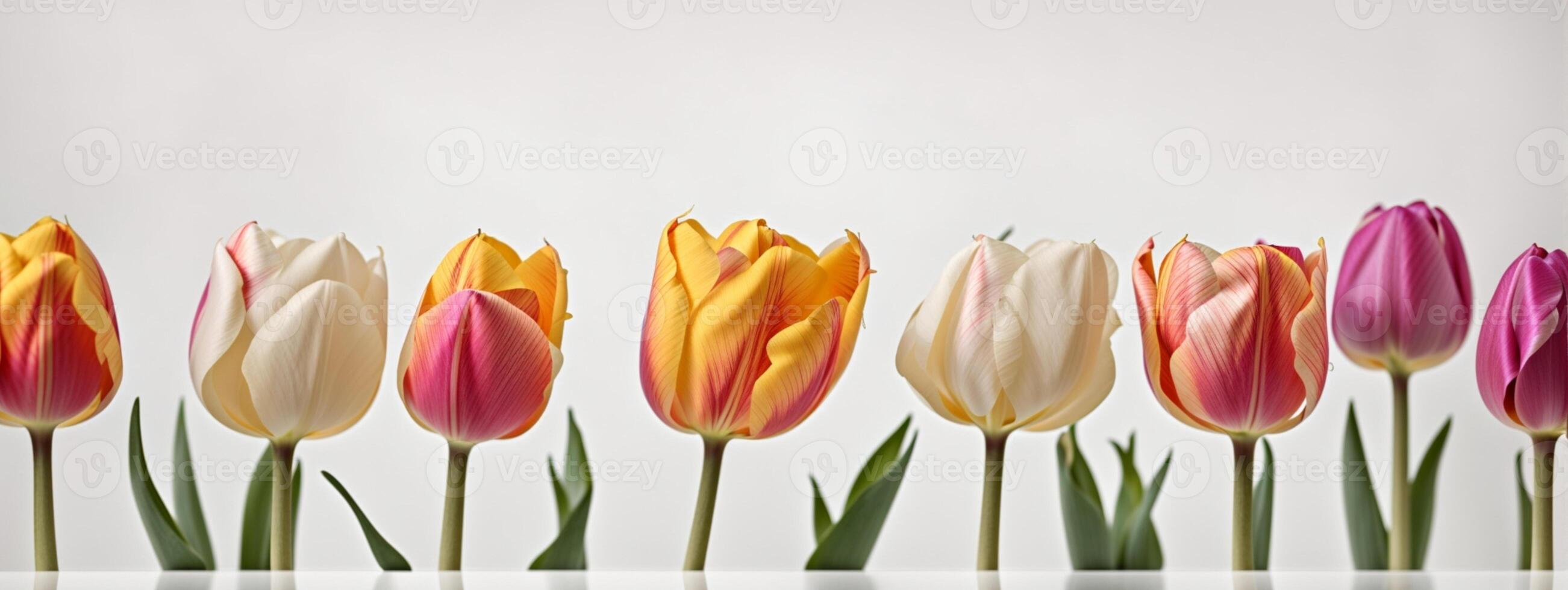 Spring tulip flowers in a row. AI generated photo