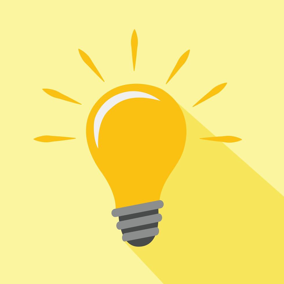 Light bulb icon vector illustration. Idea symbol. Electric lamp, light, inovation, solution, creative thinking, electrictity. Flat design in cartoon style isolated on yellow background.