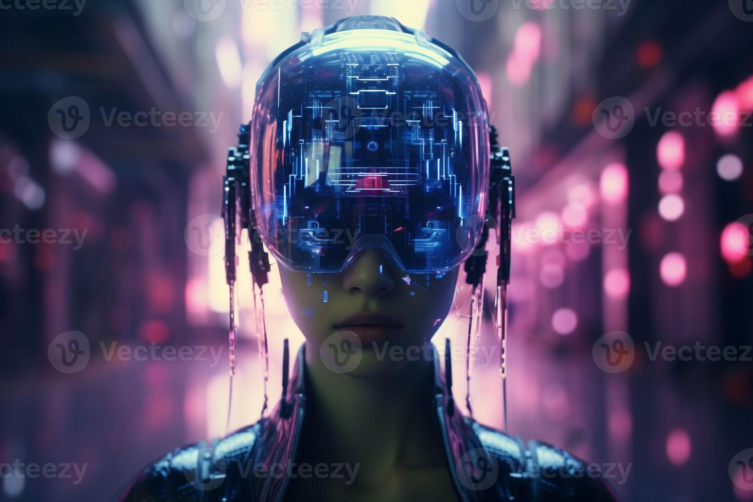 Holographic Faceless program Cyberpunk.Generative AI photo